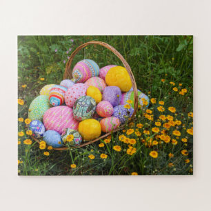 Basket of hand sewn Easter eggs with wildflowers Jigsaw Puzzle