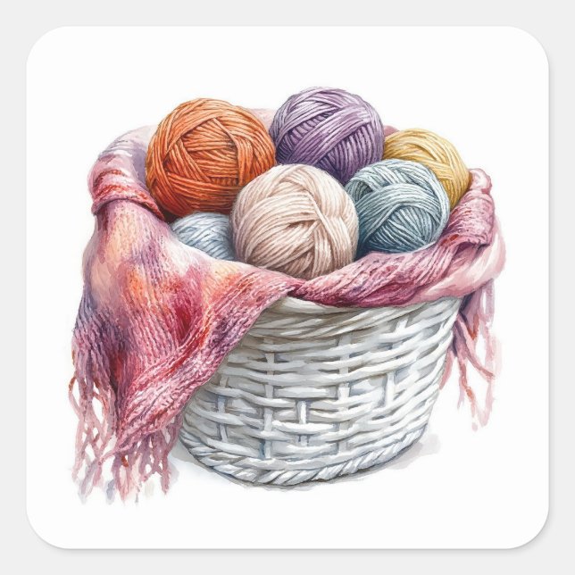 Basket of Yarn Wool Knitting Crochet  Square Sticker (Front)