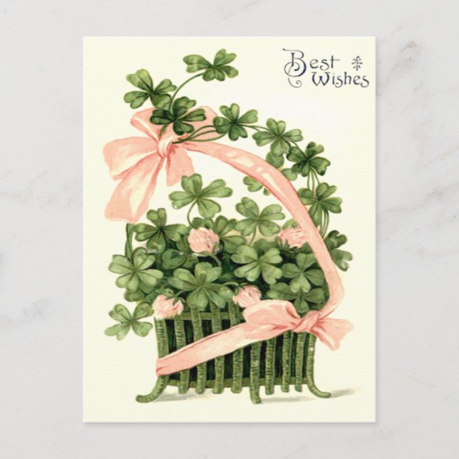 Basket Pink Ribbon Shamrock Four Leaf Clover Postcard (Front)