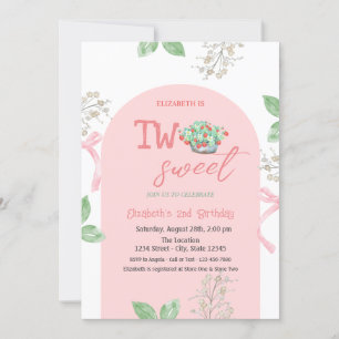 Basket Strawberries Bow Two Sweet 2nd Birthday Invitation