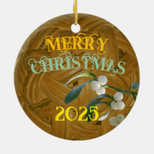 Basket Weave Ball, Mistletoe, Christmas Greetings Ceramic Tree Decoration