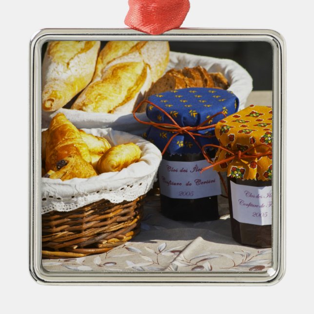 Basket with croissants and chocolate breads. metal tree decoration (Front)