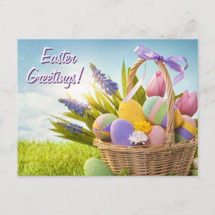 Basket with Easter Eggs on Green Grass Holiday Postcard