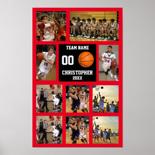 Basketball 10 Photo collage Red team name Small Poster