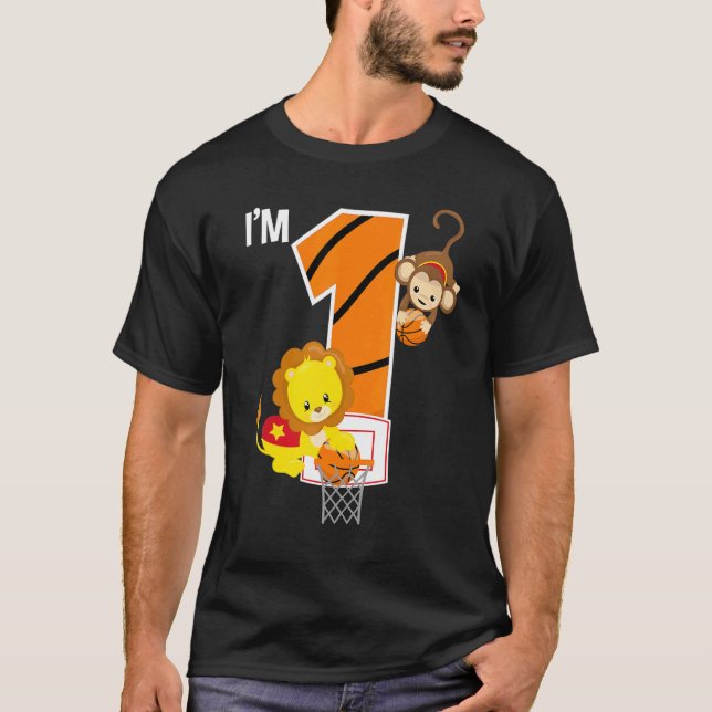 Basketball 1st Birthday Party Lion Monkey Zoo Anim T-Shirt (Front)