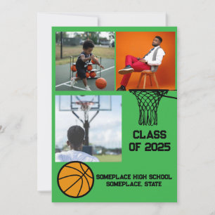 Basketball 3 Photo Collage Green Graduation Invitation