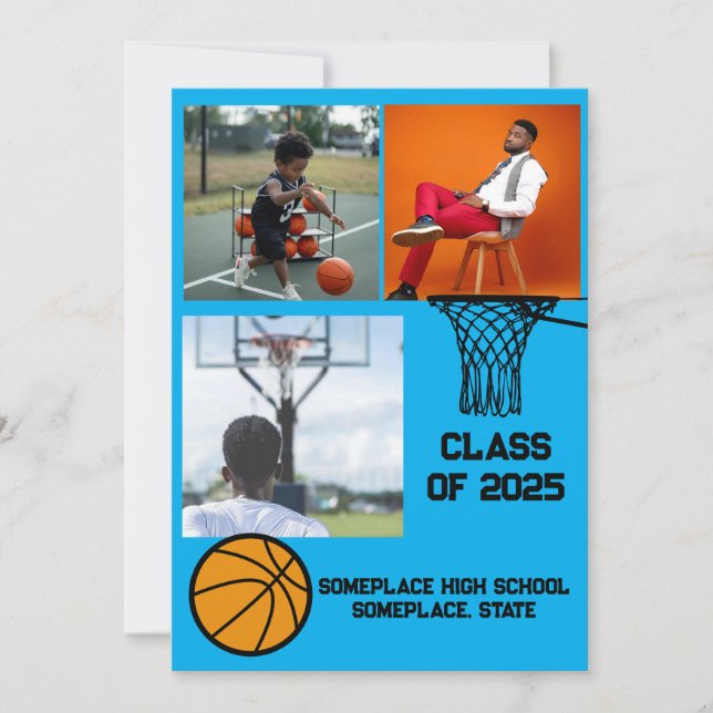 Basketball 3 Photo Collage Light Blue Graduation Invitation (Front)