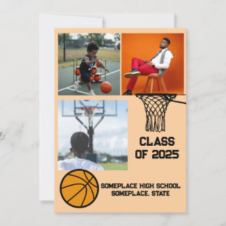 Basketball 3 Photo Collage Peach Graduation  Announcement
