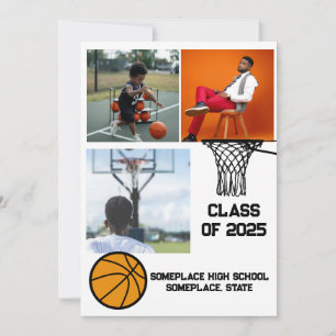 Basketball 3 Photo Collage White Graduation  Announcement