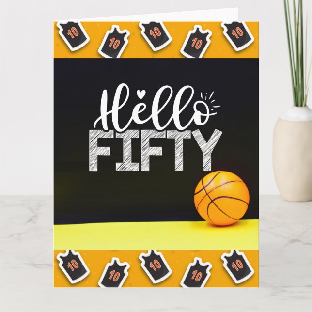 Basketball 50th Birthday with word Hello fifty  Card (Front)