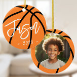 Basketball add custom photo ceramic tree decoration<br><div class="desc">Ceramic ornament featuring a basketball with your custom name in a cool font with the year below. On the back is a photo frame with your custom photo.</div>