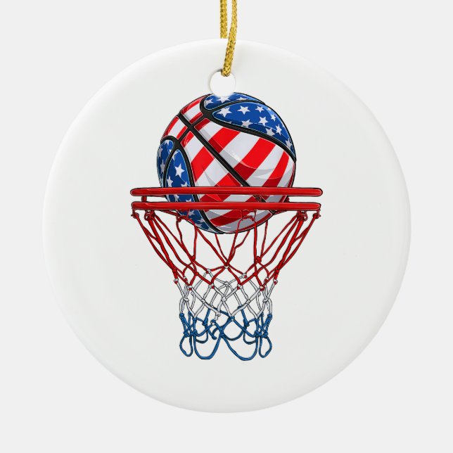 Basketball American Patriotic 4th Of July US Flag Ceramic Tree Decoration (Front)