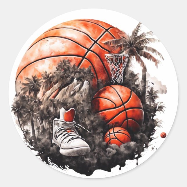 Basketball and Shoes on Grass with Palm Trees Classic Round Sticker (Front)