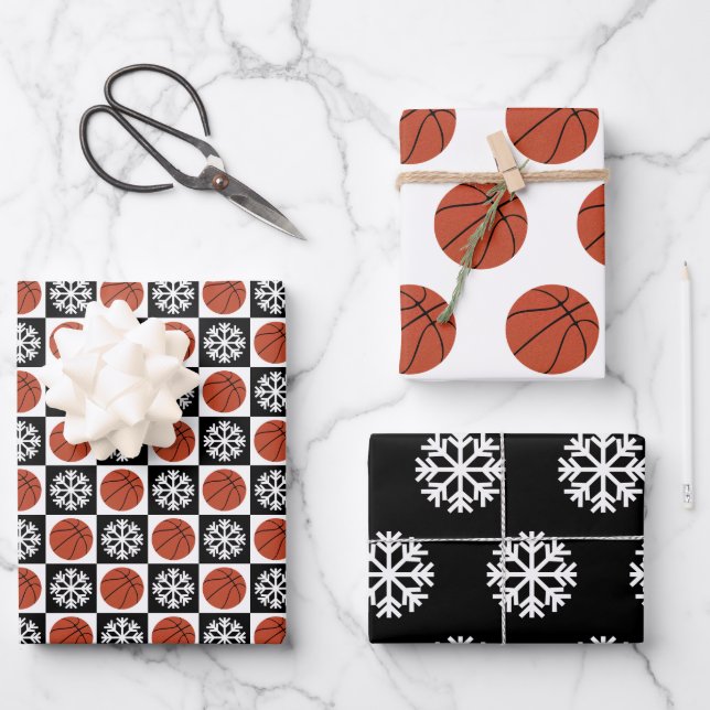 Basketball and Snowflake Black and White Christmas Wrapping Paper Sheet (Front)