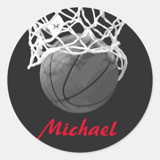 Basketball Artwork Your Name Black White Red  Classic Round Sticker (Front)