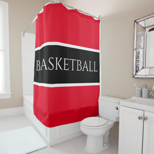 BASKETBALL Athletic Bright Red Black White Stripes Shower Curtain (In Situ)