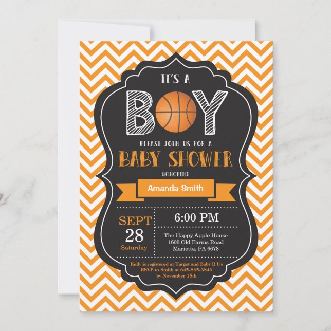 Basketball Baby Shower Invitation Orange Chevron (Front)