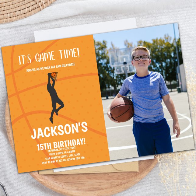 Basketball Background Birthday Invitation (Basketball Background Birthday Invitations w photo)