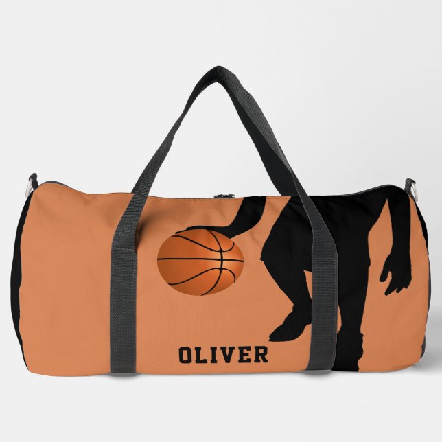 Basketball Ball Black Player Silhouette Kids Name Duffle Bag (Front)