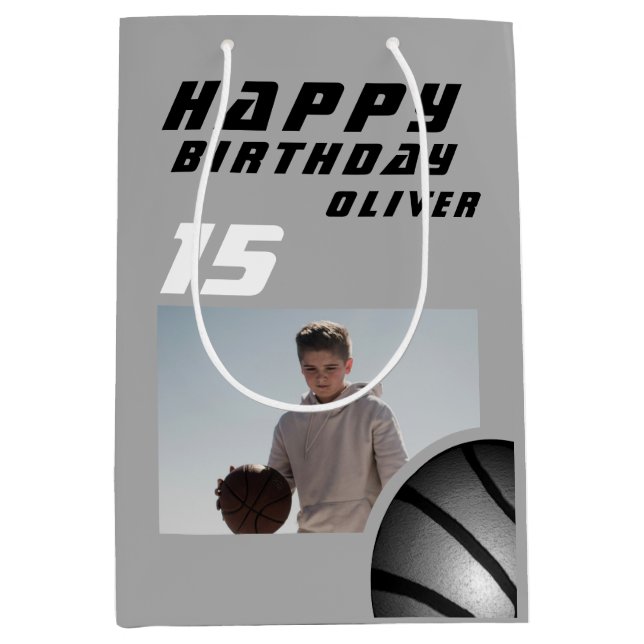 Basketball Ball Boy Photo Happy Birthday Medium Gi Medium Gift Bag (Front)