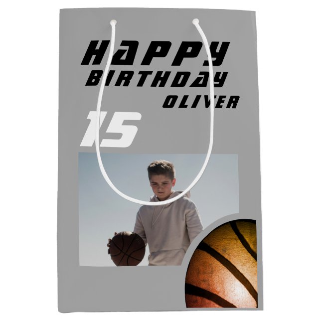 Basketball Ball Boy Photo Happy Birthday Medium Gift Bag (Front)