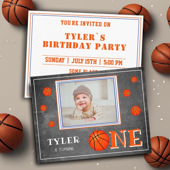 Basketball Ball Chalkboard 1st Birthday Photo  Invitation Postcard (Creator Uploaded)