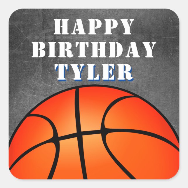 Basketball Ball Chalkboard Photo Birthday Square Sticker (Front)