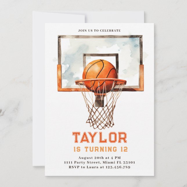 Basketball Ball Hoop Watercolor Birthday Party Invitation (Front)