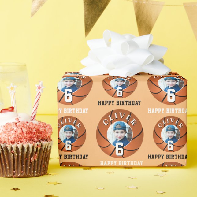 Basketball Ball Kids Happy Birthday Age Photo Wrapping Paper (Birthday Party)