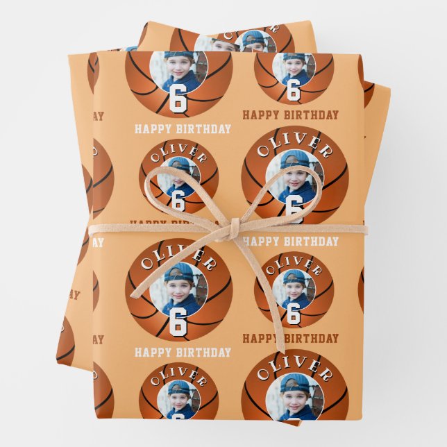 Basketball Ball Kids Happy Birthday Age Photo Wrapping Paper Sheet (In situ)