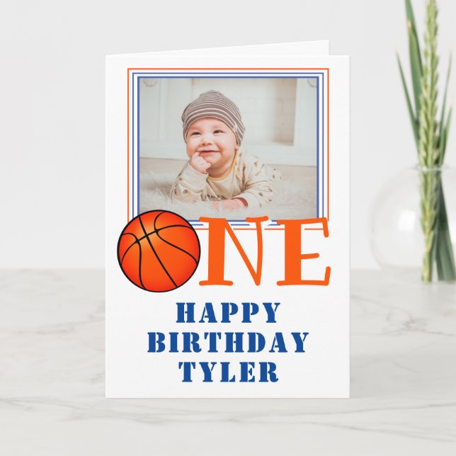 Basketball Ball ONE Kids Photo 1st Birthday Card (Front)