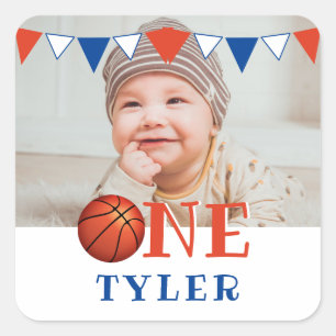 Basketball Ball ONE Photo 1st Birthday Square Sticker