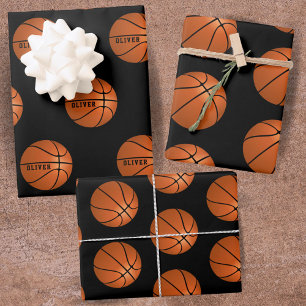 Basketball Ball Pattern Black Kids Name Sports Wrapping Paper Sheet