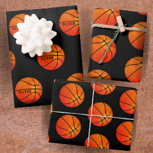 Basketball Ball Pattern Black Kids Name Sports  Wrapping Paper Sheet