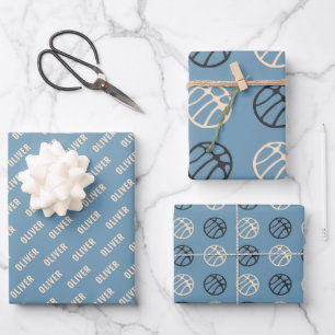 Basketball Ball Pattern Blue Name Wrapping Paper Sheet