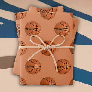 Basketball Ball Pattern Kids Name Birthday  Wrapping Paper Sheet