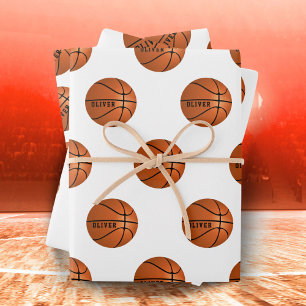 Basketball Ball Pattern Kids Name Birthday Wrapping Paper Sheet