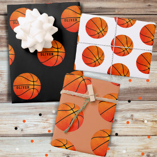 Basketball Ball Pattern Kids Name Sports Wrapping Paper Sheet