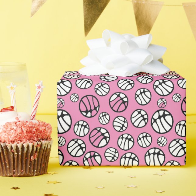 Basketball Ball Pattern Pink Name Wrapping Paper (Birthday Party)