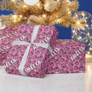 Basketball Ball Pattern Pink Name Wrapping Paper