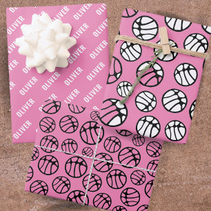 Basketball Ball Pattern Pink Name  Wrapping Paper Sheet