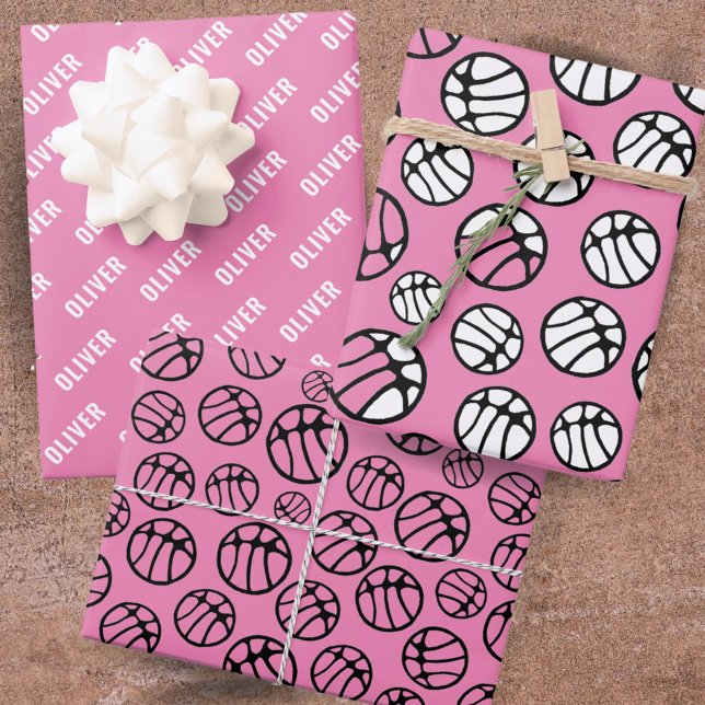 Basketball Ball Pattern Pink Name  Wrapping Paper Sheet (Creator Uploaded)