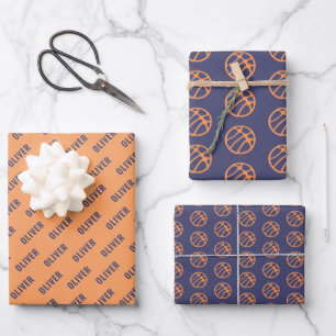 Basketball Ball Pattern Purple Orange Name Wrapping Paper Sheet