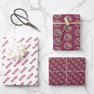 Basketball Ball Pattern Red Name Wrapping Paper Sheet