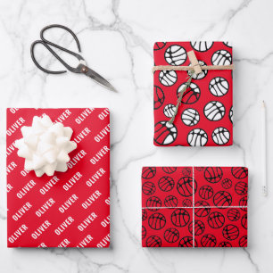 Basketball Ball Pattern Red Name  Wrapping Paper Sheet