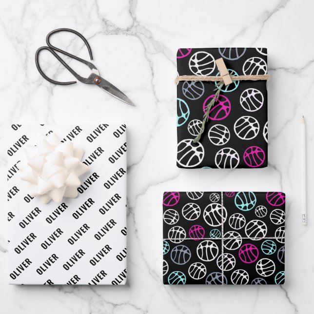 Basketball Ball Pattern Sport Black and White Name Wrapping Paper Sheet (Front)