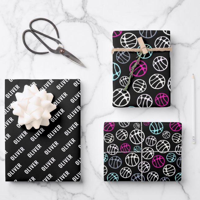 Basketball Ball Pattern Sport Black and White Name Wrapping Paper Sheet (Front)