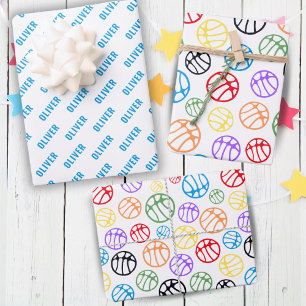 Basketball Ball Pattern Sport Colourful Name Wrapping Paper Sheet