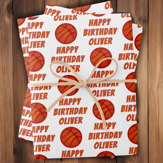 Basketball Ball Pattern Sports Happy Birthday Wrapping Paper Sheet (Creator Uploaded)
