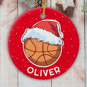 Basketball Ball Red Santa Hat Christmas Kid Name Ceramic Tree Decoration